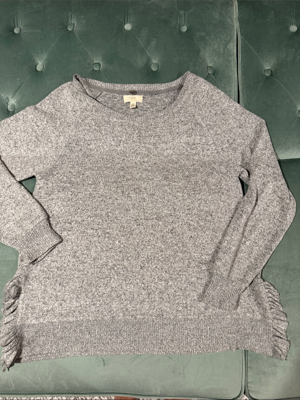 Cupio Heather Gray Crewneck Sweater with Side Ruffle Trim